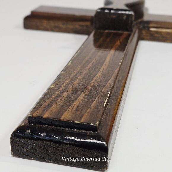 Vtg Hand-Carved 12" Wooden Cross Brown Rustic Decor Easter Jesús Religious Fish - Picture 6 of 11